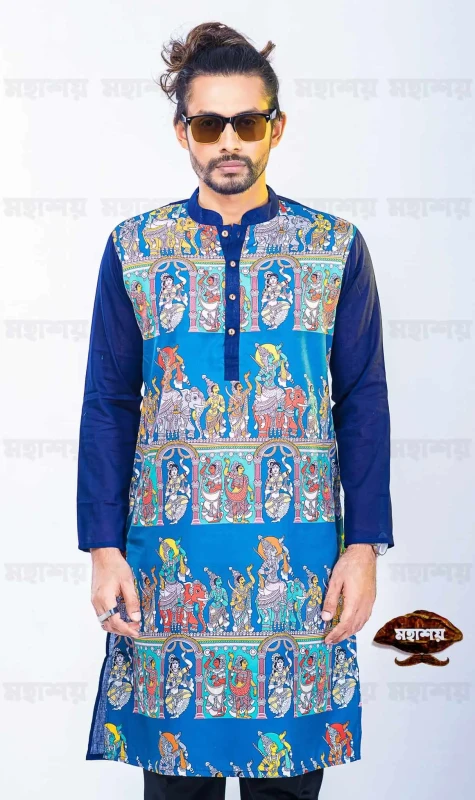 Blue Kalamkari Printed Panjabi For Men