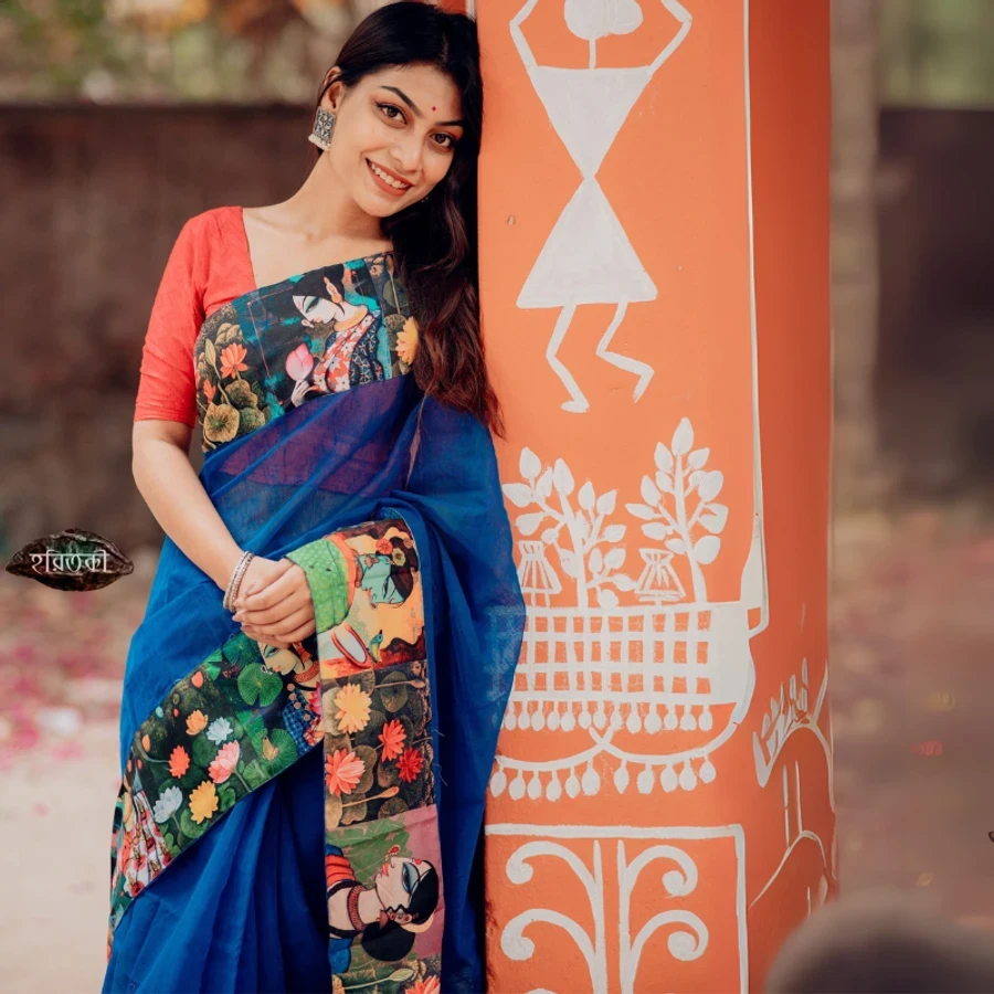 Blue Varsa Print Half Silk Saree