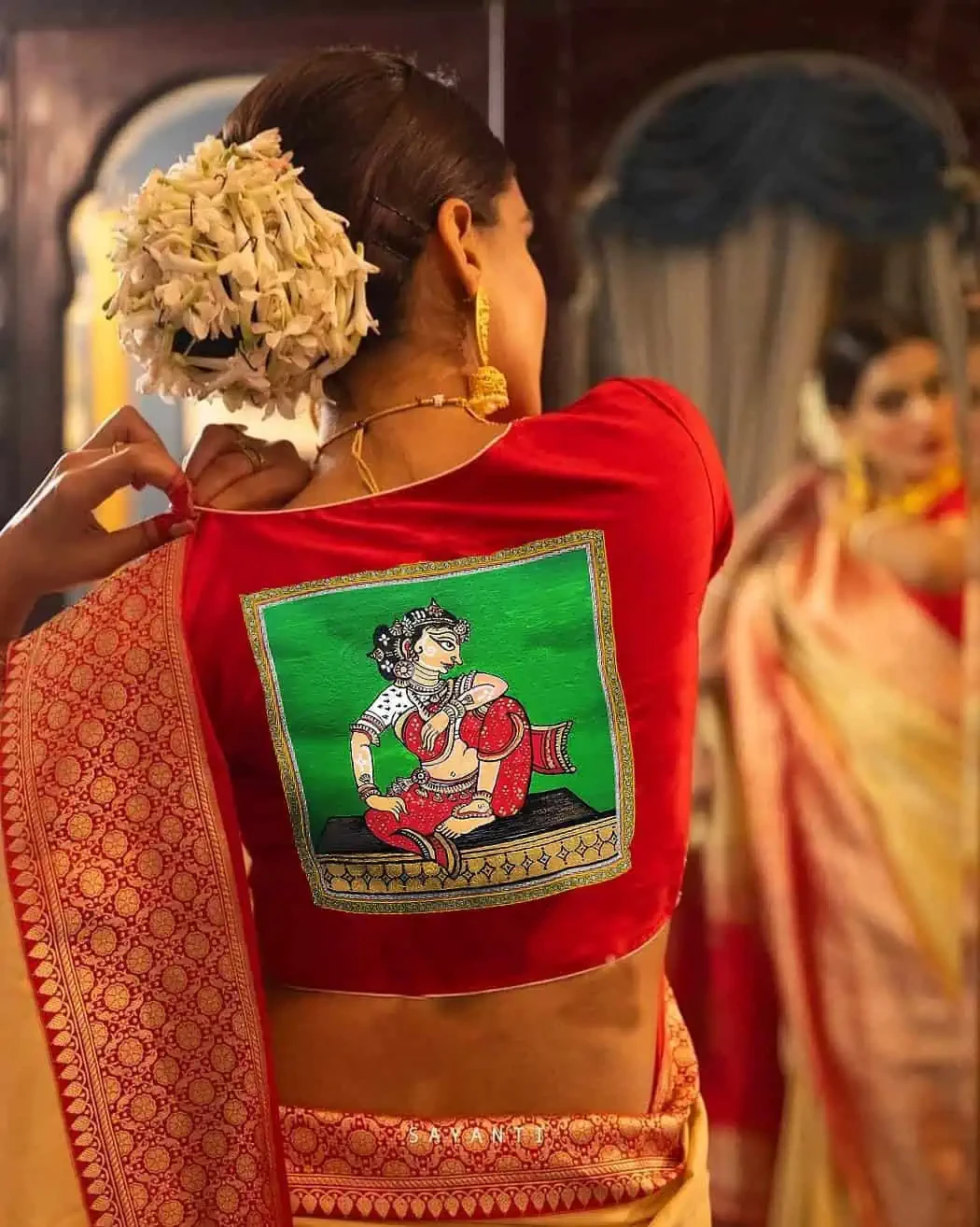 Red Pattachitra Design Blouse Piece