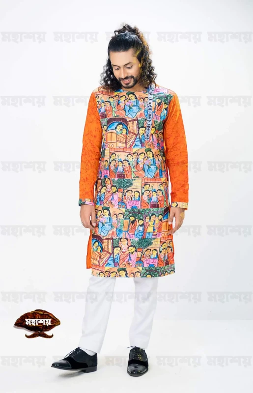Orange Pattachitra Printed Panjabi For Men