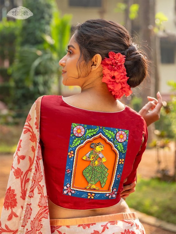 Red Jamini Roy Design Special Blouse Piece