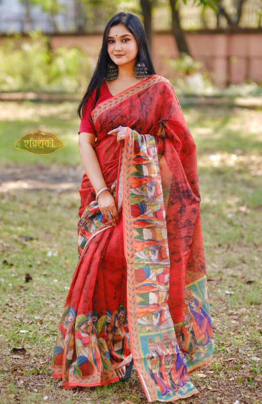 Red Rajasthani Doll Design Silk Saree